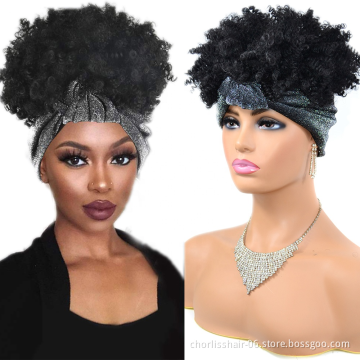 Wholesale Ombre High QualityKinky Curly Turban Wigs Short Heat Resistant Afro Synthetic Headband Attached Wigs For Black  Women
